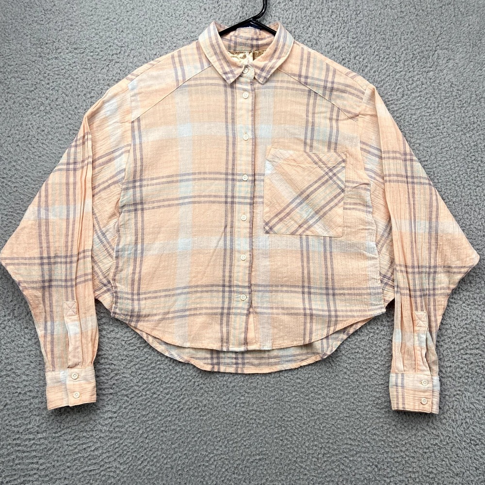 Free People Shirt Womens XS Beige Plaid Oversized Cropped Button Up Peach Ladies
